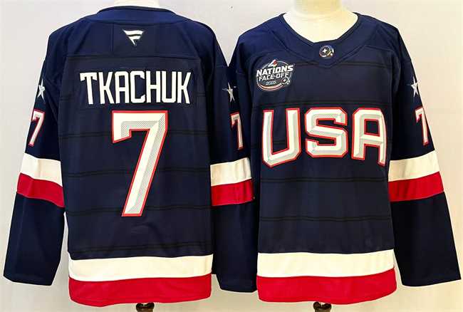 Mens USA #7 Keith Tkachuk Navy 2025 4 Nations Face-Off Stitched Jersey